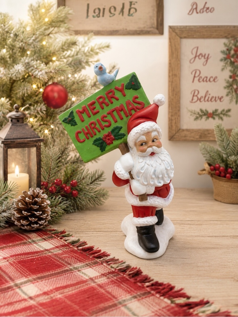 Vintage Christmas Santa large figure 14" handpainted ceramic blue bird signed